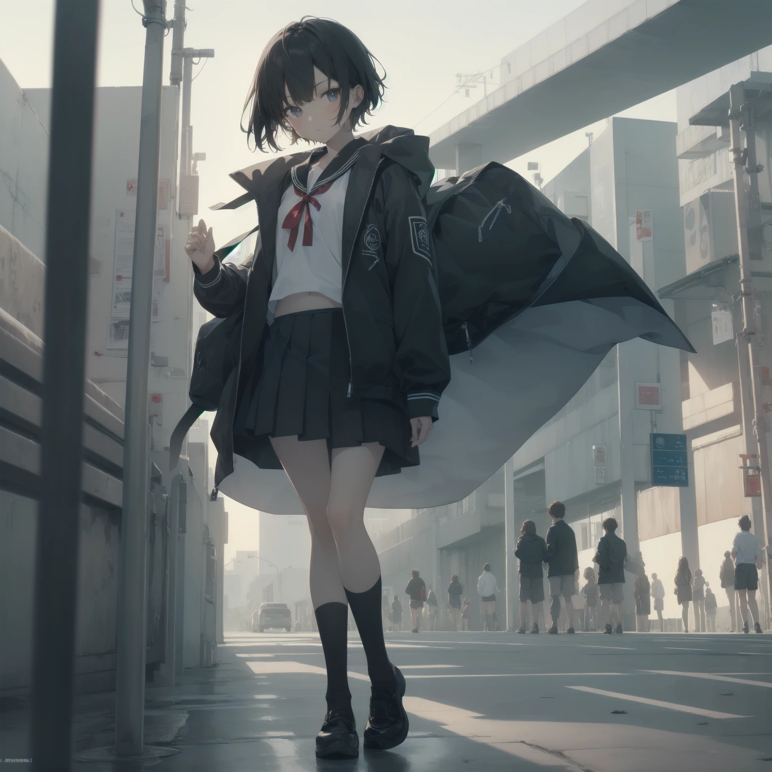 ultra-absurdres-Top quality by artist God, ultra-detailed, high resolution, anime moe artstyle, best anime 8k konachan wallpaper, pixiv contest winner, pool:2810, perfect anatomy,break, 1girl, (Please draw a girl walking sleepily to school alone. )break,(Solo,little female, 13-year-old:1.3),Full limbs, complete fingers,a junior high school student, (very short hair), short cut, flat chest, , small butt, small black eyes, beautiful detailed eyes, well-proportioned iris and pupils, expressive eyes, highres detailed hair, soft expression, salor school_uniform, sailor collar, serahuku, bow, pleated skirt,(Detailed Lighting), (Detailed background), in the School commute route. break,super detailed skin, Best cinematic lighting powered by famous artist, 8k,beauty illustration,photoshop_(medium),very aesthetic,break,((artist:takafumi )), artist:clamp ,artist:carnelian ,artist:kantoku ,