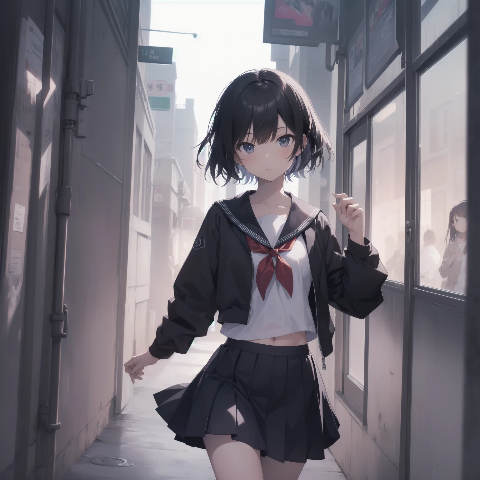 ultra-absurdres-Top quality by artist God, ultra-detailed, high resolution, anime moe artstyle, best anime 8k konachan wallpaper, pixiv contest winner, pool:2810, perfect anatomy,break, 1girl, (Please draw a girl walking sleepily to school alone. )break,(Solo,little female, 13-year-old:1.3),Full limbs, complete fingers,a junior high school student, (very short hair), short cut, flat chest, , small butt, small black eyes, beautiful detailed eyes, well-proportioned iris and pupils, expressive eyes, highres detailed hair, soft expression, salor school_uniform, sailor collar, serahuku, bow, pleated skirt,(Detailed Lighting), (Detailed background), in the School commute route. break,super detailed skin, Best cinematic lighting powered by famous artist, 8k,beauty illustration,photoshop_(medium),very aesthetic,break,((artist:takafumi )), artist:clamp ,artist:carnelian ,artist:kantoku ,