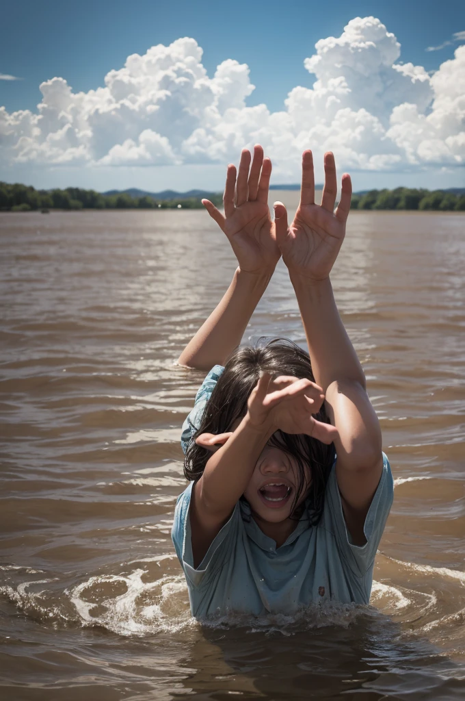 Hands coming out of the sky and people below in a flood,clouds in the sky and also people crying out to Jesus 
