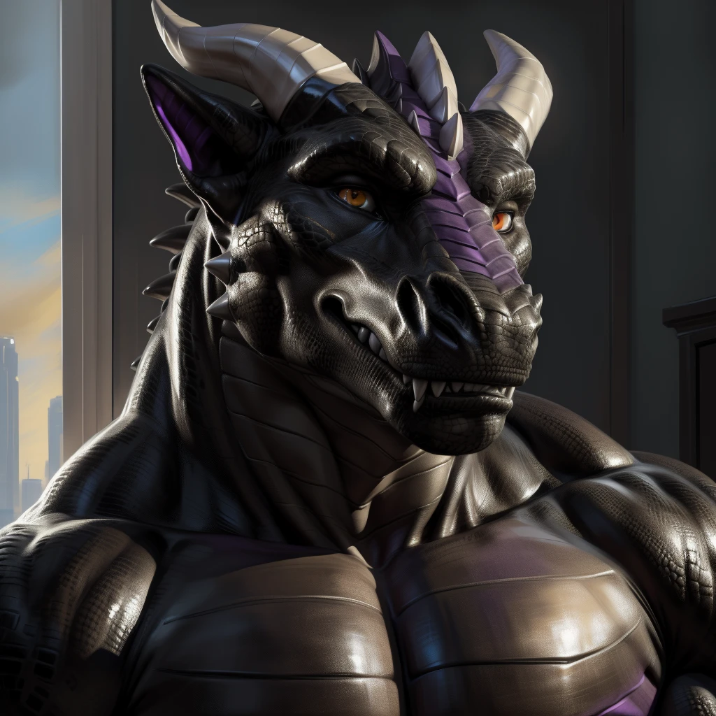 uploaded on e621.net, (best quality, masterpiece, highres, HD, 16k, textured skin, high detail)+, (ultra realism shading, photorealistic)+++, anthro, (dragon)++, (black body)++++, (purple pectorial muscles)++++, (purple abs)++++, (face close-up shot)++, (serious face)++, (gray horns on head and jaw), big muscles, male focus, male, gay, handsome, (male solo)++, bedroom, tall, (detailed yellow eyes)+, looking at viewer, (correct anatomy)+, (art by kaynine, chunie, darkgem, ffffolder)+