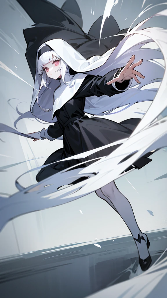 Character (hair bangs) (white long hair) (white pale skin) (battle nun-style clothing) (black clothing) (character in dynamic pose) (perspective angle taken)