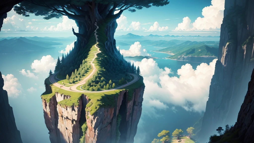 a close up of a tree on a cliff with a sky background, flying island in the sky, floating and flying island, an island floating in the air, floating island in the sky, flying island, floating mountains, island floating in the sky, anime nature, amazing wallpaper, epic matte painting of an island, made of tree and fantasy valley, floating island