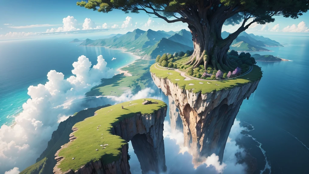 a close up of a tree on a cliff with a sky background, flying island in the sky, floating and flying island, an island floating in the air, floating island in the sky, flying island, floating mountains, island floating in the sky, anime nature, amazing wallpaper, epic matte painting of an island, made of tree and fantasy valley, floating island