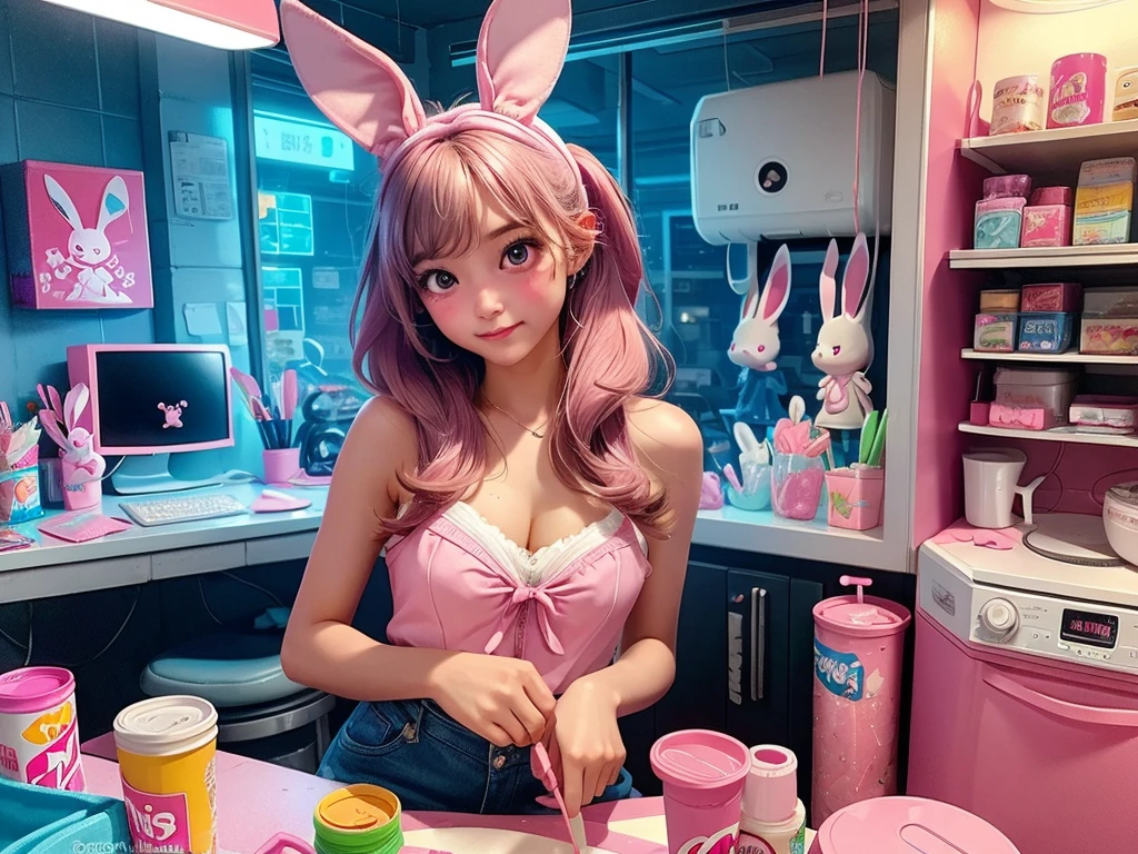 Teenage bunny girl dirty room at night, retro old pink bed, bras, panties, underwear scattered, PlayStation 5 and controller, PC and monitor, bunny art on display monitor, window, pink and blue light entering the room, junk food, cup noodle and DRINK jars and cans are scattered, trash cans are overflowing. The walls are bare with cables and wiring, only the appliances are futuristic, sparkling dust is flying around the room, night, HD, 8K, masterpiece, real texture.