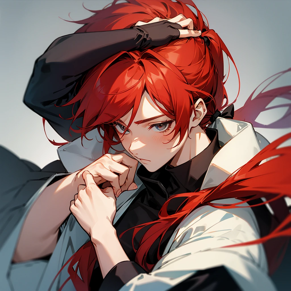 Anime image of an androgynous red-haired boy tying his hair in a ponytail, black fluffy coat that goes to the wrist