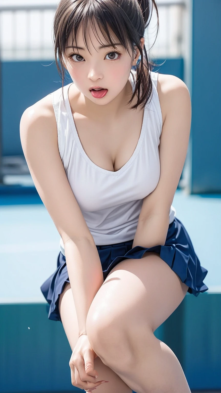 foreshortening,zoom up,(((masterpiece:1.2))), accurate, retina, anatomically correct, textured skin, ((super detail:1.2)), high quality:1.2, high details, ((best quality:1.2)), highres:1.2, 8K,(Detailed very beautiful face:1.4),(Very beautiful eye for detail:1.4),(Super detailed beautiful face:1.4),(Super detailed beautiful body:1.4),Cute Japan girl,((Naturally large breasts)),(Detailed female tennis player),One person,outdoor tennis court,Match venue,(Super detailed Sexy Tennis Wear,Color,Break background,design,mini skirt,,make,object,,Post-exercise facial expression,Skin color after exercise,Sweaty skin:1.2,wet with sweat Tennis Wear:1.4,wet crotch:1.4)、full body,pussy line:1.3,Shooting from directly below:1.7,Low - Angle:1.6,Low position:1.5、Sitting with Knees Up chair, spread legs