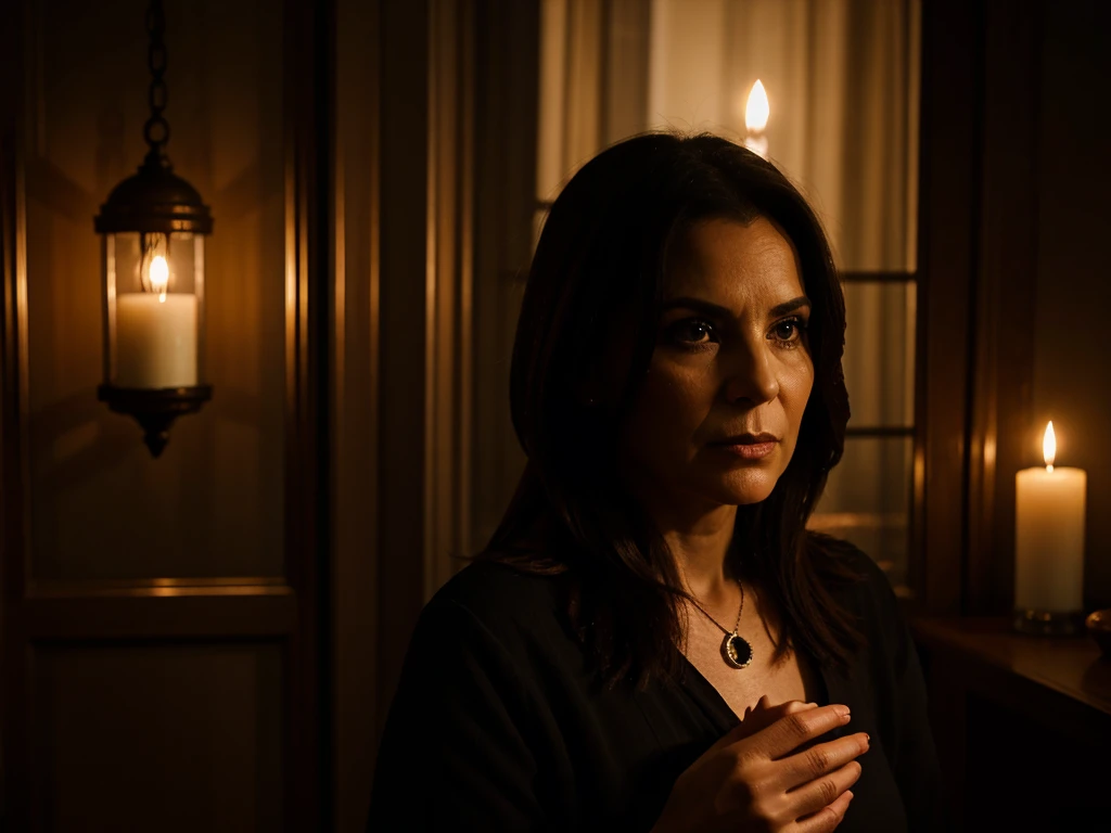 a 50 year old woman tarot reader,detailed portrait,beautiful eyes,full lips,wrinkles,elegant,introspective expression,mystical tarot cards in hands,dramatic lighting,dark moody atmosphere,dark fantasy,chiaroscuro,cinematic,photorealistic, selfie
