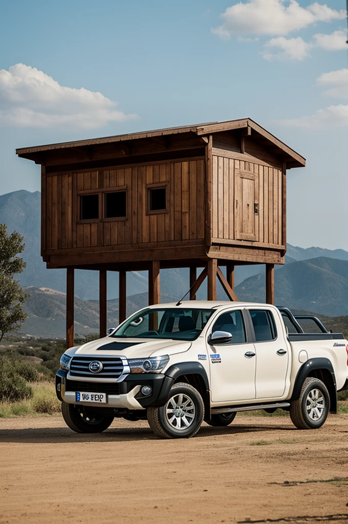 An image of a man with a hat and a .about 10 years, que esten de espaldas viendo un campo agricola desde un punto alto y aun lado tengan parqueada una camioneta marca toyota modelo hilux