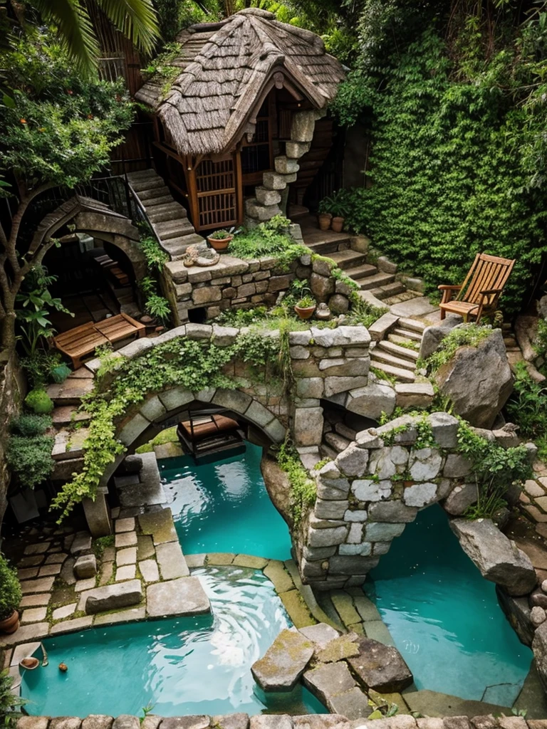 a close up of a table and chairs near a pool, with a fishpond and courtyard, tropical pool, wonderful masterpiece, cozy and peaceful atmosphere, great masterpiece, next to a tropical pool, cozy place, dream pool, relaxing environment, beautiful place, many plants and infinite pool, magical environment, quiet and serene atmosphere, with a miniature indoor lake