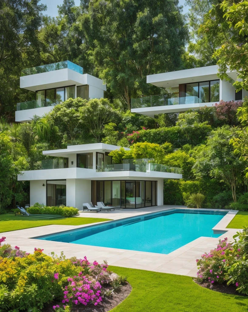 the exquisite beauty of modern style house with nature, flowers, pool, realistic, professional, vivid colors, soft lighting, detailed trees, colorful garden, gentle breeze, vibrant hues, natural tranquility
