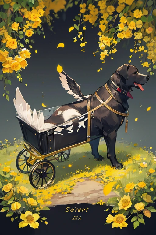 A black labrador in a specialized dog with wings in carriage for disabled without hind legs, yellow flowers,