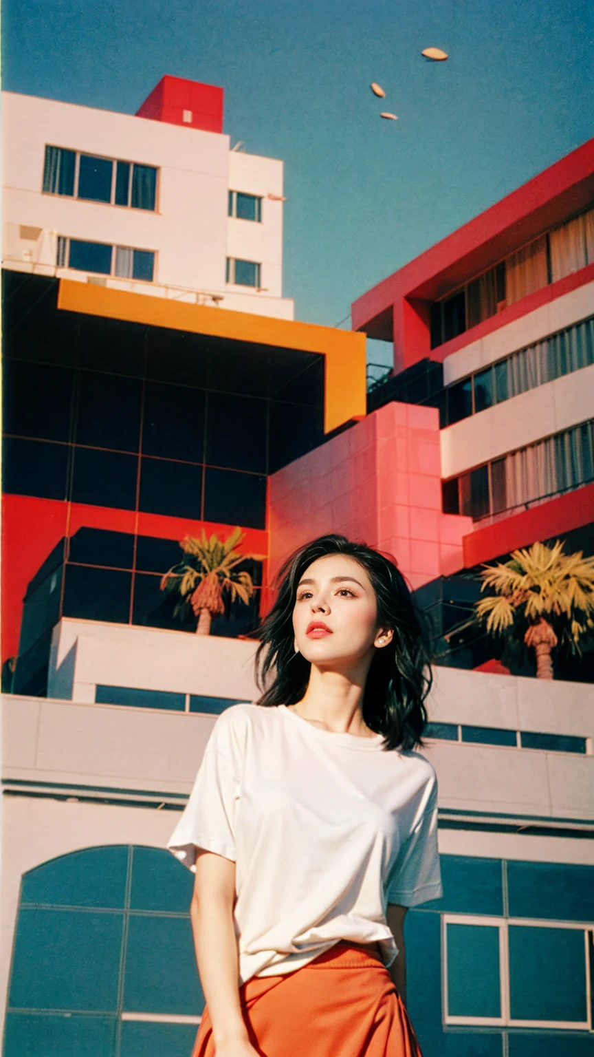 1 girl, beautiful, black bob hair, almond eye, no makeup, white tshirt, ((oversize_untucked tshirt)), peach tennis skirt in front of ((80's mondrian architecture colorful motel)),(from below:1.2), (realistic:1.1), (surreal:1.2), (very detailed:1.1), ((masterpiece)),summer, blue sky, palm trees,sunny, los angles vibes
