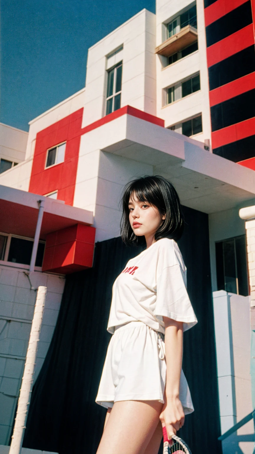 1 girl, beautiful, black bob hair, almond eye, no makeup, white tshirt, ((oversize_untucked tshirt)), peach tennis skirt in front of ((80's mondrian architecture colorful motel)),(from below:1.2), (realistic:1.1), (surreal:1.2), (very detailed:1.1), ((masterpiece)),summer, blue sky, palm trees,sunny, los angles vibes