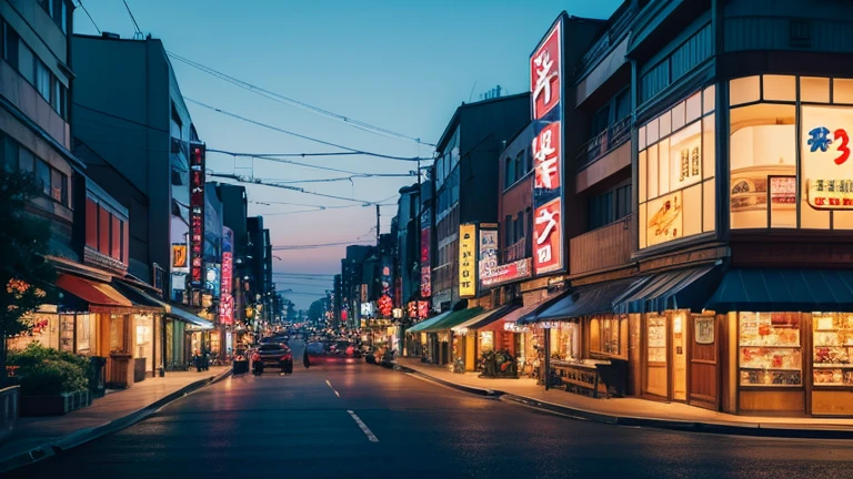Showa era downtown,evening,nostalgic,Streetscape,Anime style peaceful landscape scene,Pale touch