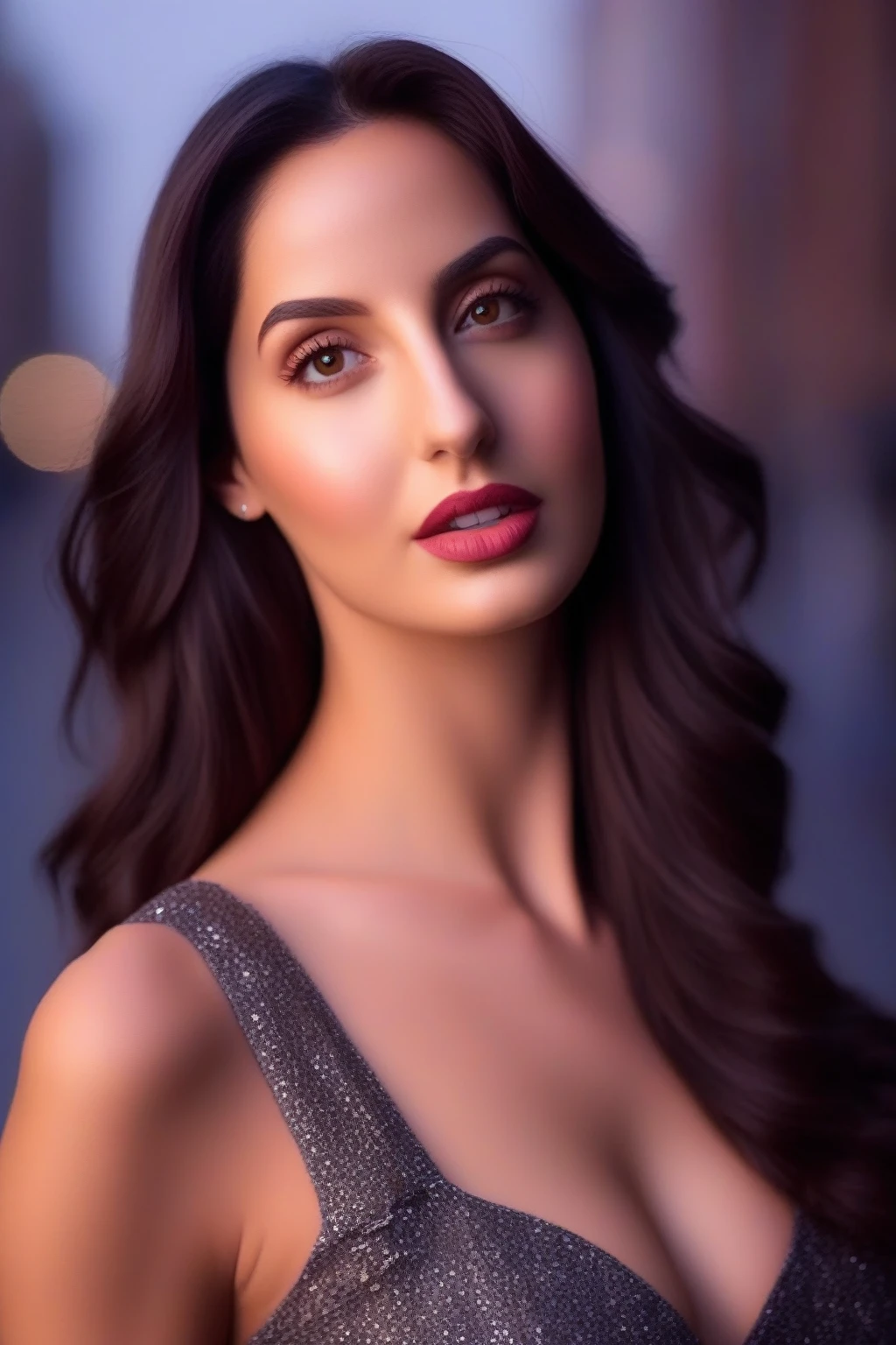 a professional portrait photo of a  27  year old  women,  with light brown eyes, black hair, highly detailed features, city bokeh background,  perfect eyes , nora fatehi  (CLOTHES ARE INVISIBLE) (BOOBS CLOTHES ARE INVISIBLE) SEXUAL PHOTO HORNY GIRL