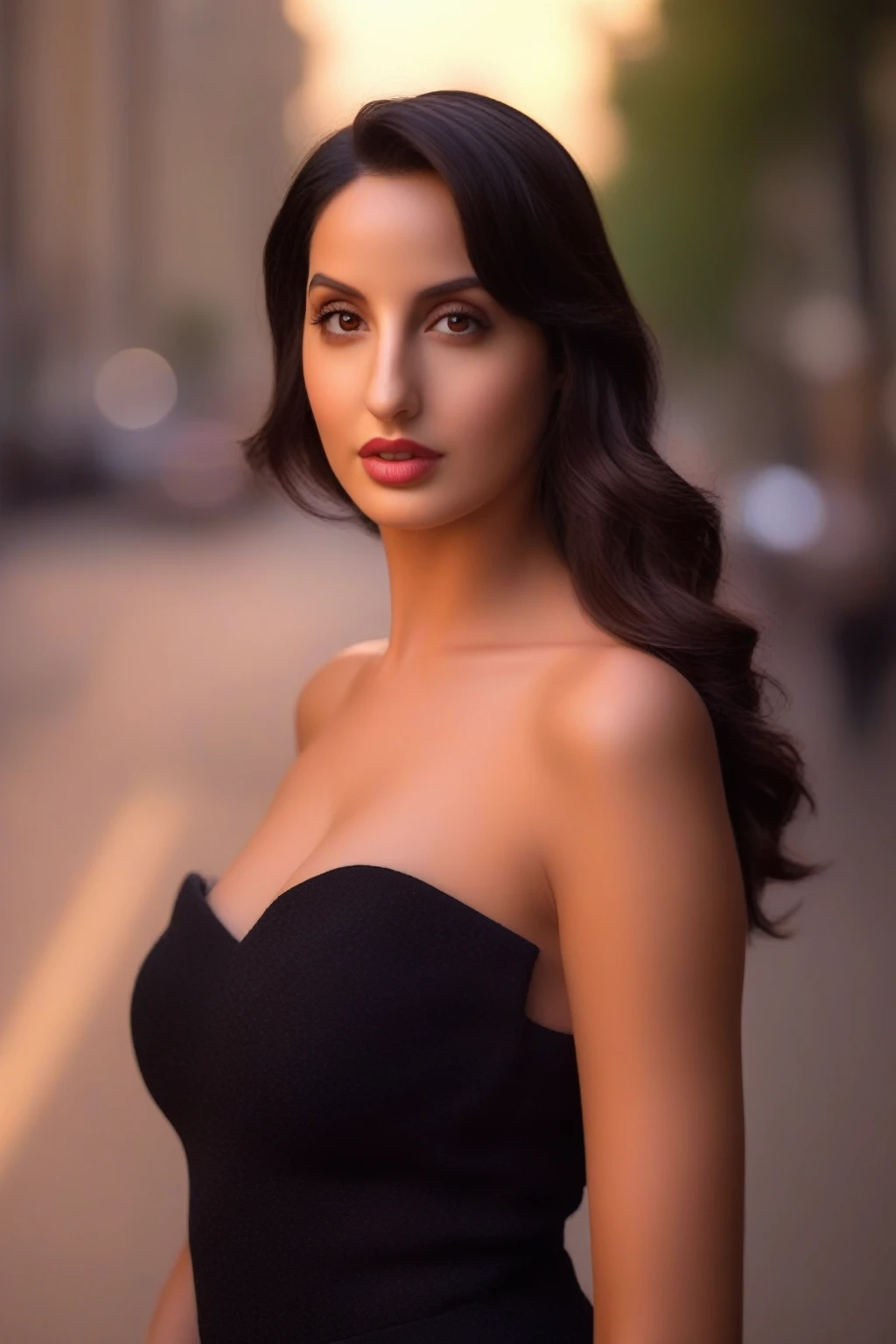 a professional portrait photo of a  27  year old  women,  with light brown eyes, black hair, highly detailed features, city bokeh background,  perfect eyes , nora fatehi  (CLOTHES ARE INVISIBLE) (BOOBS CLOTHES ARE INVISIBLE) SEXUAL PHOTO HORNY GIRL