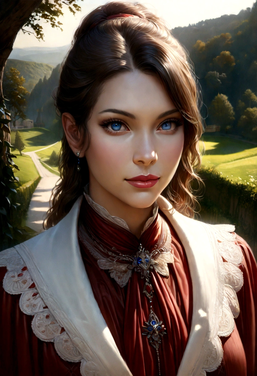 Girl, beautiful detailed eyes, beautiful detailed lips, extremely detailed eyes and face, long eyelashes, elegant dress in blue white red color (France), standing in a picturesque French landscape, (best quality, 4k, 8k , high resolution, masterpiece: 1.2) ,ultra-detailed,(realistic,photorealistic,photo-realistic: 1.37),portrait,landscape,vivid colors,dramatic lighting