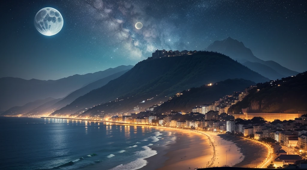 Night view, Starry Sky, Bright Moon, Sea view, Praia, Night Light, Distant Mountains, High buildings, Volumetric Light, best quality, detailed, Detailed architecture, synthesis,Coastal close-up