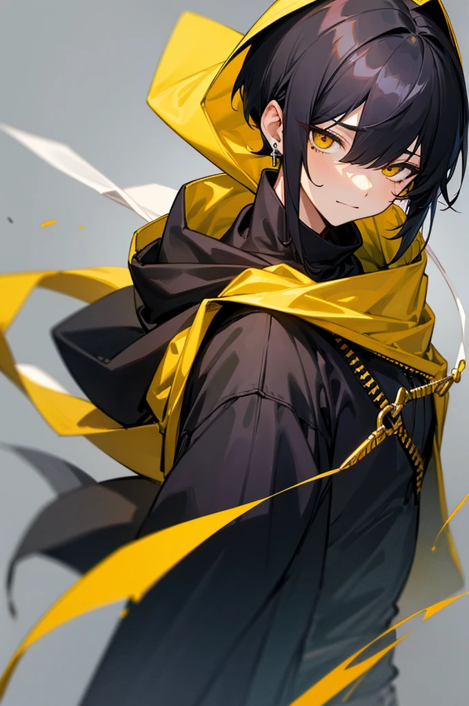 (highest quality, masterpiece:1.2),1 boy,hood,I have black hair, but the tips of my hair are yellow and have a gradation.,hood up,BangsLong bangs,looking at the viewer,alone, hood,simple background,holding jewelry,yellow eyes,earrings,Upper body,bangs,fine,Closer to shota,Naughty face,smile,sleeves go over wrists,hoodie,long sleeve,Jacket,zipper,bandage,black hoodie,black Jacket,Short straight hair,Tun-tsun Hair,Handsome guy,Moles around the eyes and neck,