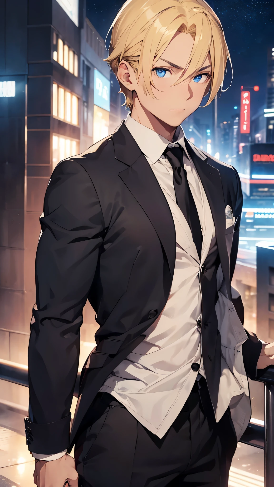 Half-body portrait of a muscular young man, blond hair, blue eyes, wearing a plain black suit. Turn around and look back at the half-body image, colored lights, look back. city view at night