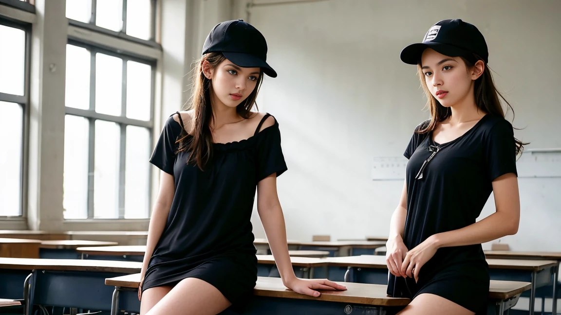 sexe entre deux femme sexy et mince de 18 ans , black short sleeve short nightdress, dans une salle de classe , casquette, ,jambe visible,se touche