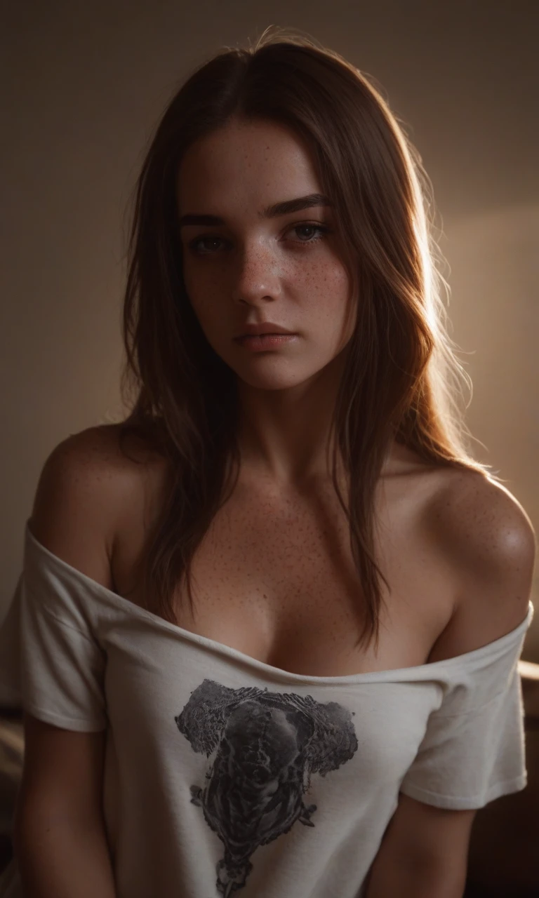 score_9, score_8_superior, score_7_superior, break, innocent and charming, Long Hair, Alternative vibe, Beautiful Eyes, freckles, Medium chest, Subtle cleavage, Toned body, Lewd, Candid photos, (Cozy bedroom), Off-the-shoulder shirt, Dynamic Angle, Vivid lighting, High Contrast, Dramatic Shadows, Very detailed, Detailed skin, Depth of written boundary, Film Grain