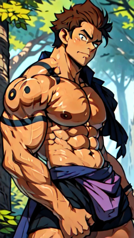 Youthful feeling，( Tattoo),(Thick body hair)，Upper body，(He was wearing baggy shorts，Revealing his length, muscular, hairy)，（Leaning against a tree),(For the audience) ，(Put his hands on his waist)， (Focus on your audience) ，(There is a huge bulge in the area)，sideways，Sharp eyes，(Thick dark brown hair)，(Bottom-up view)，Broad shoulders，Muscles protrude a lot，Highest image quality，cartoon ，Anime Wallpaper，Chest muscle expansion，spread your legs，Sexy,(main part, best quality)，((Exaggerated muscle bulge))，The protagonist is tall，muscular and bulky, muscular characters, Awesome and cool, tall and muscular, muscular!!, Very strong, muscular attractive men, Huge muscles, Big Muscle, Muscle Man, Anime handsome man, muscular!, Giant muscles, muscular bodies，(canto da foto de baixo para cima) (imagem da mais alta qualidade) ，Close-up photos，Lion man ,real, jovem, , vestindo shorts, virilha saliente, imagem de anime, Leaning against a tree, pernas bem abertas, male face, bonito rosto jovem, cabelo subcortado, huge muscle muscles of the chest, large strong thigh muscles, Biceps Sinewy muscles, Corpo enorme, corpo tonificado devido ao treinamento intenso, Well-developed muscles, ABS transparente de 8 embalagens, 3 metros de altura, topless, , pele brilhante, rede de suor pingando, （hands on thighs）, bare feet, Sem barba，Thick Legs，
