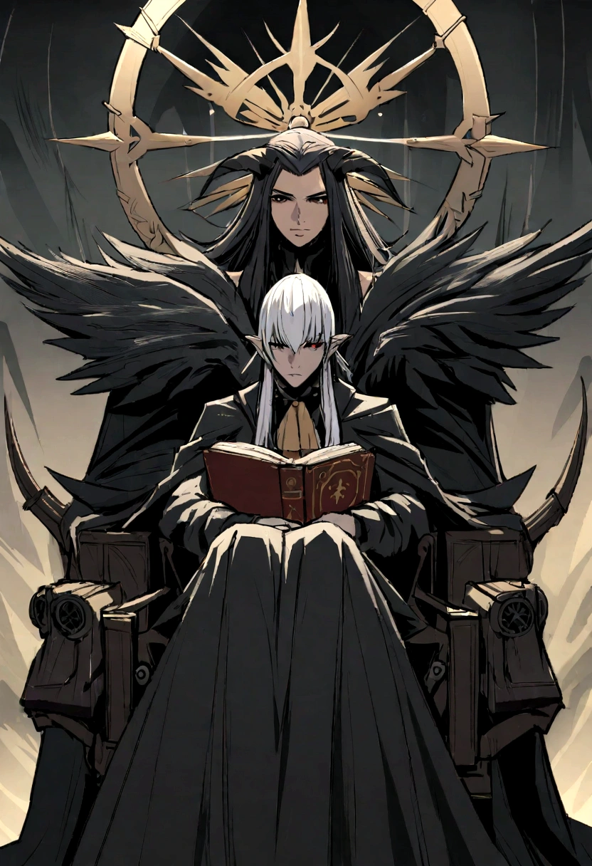 Obra de arte:1.2, melhor qualidade, ultra detalhado, macho, focado, celestial demon wizard, Jovem, serious, frio, horns on her head and a shining golden halo behind her symbolizing her celestial and demonic duality, two large black wings that combine bright plumes with a dark and threatening appearance, cabelo negro, estilo de kentaro miura, fantasia, SCI-FI, fundo claro, a painting of a man in a black robe sitting in a wheelchair, holding an open ancient magical book, Vista-o com vestes escuras e majestosas com detalhes dourados, cabelo negro, cabelos escuros, anjo demoniaco, plumas negras, inspired por Edmundo Blampied, inspired por Nicola Samori, inspirado em Pietro Longhi, por Nicola Samori, por Edmundo Blampied, Direction: Stephen Gammell, Estilo Stephen Gammell, figura sinistra ao fundo, Direction: Leonaert Bramer, Direction: Johann Kaspar Füssli .