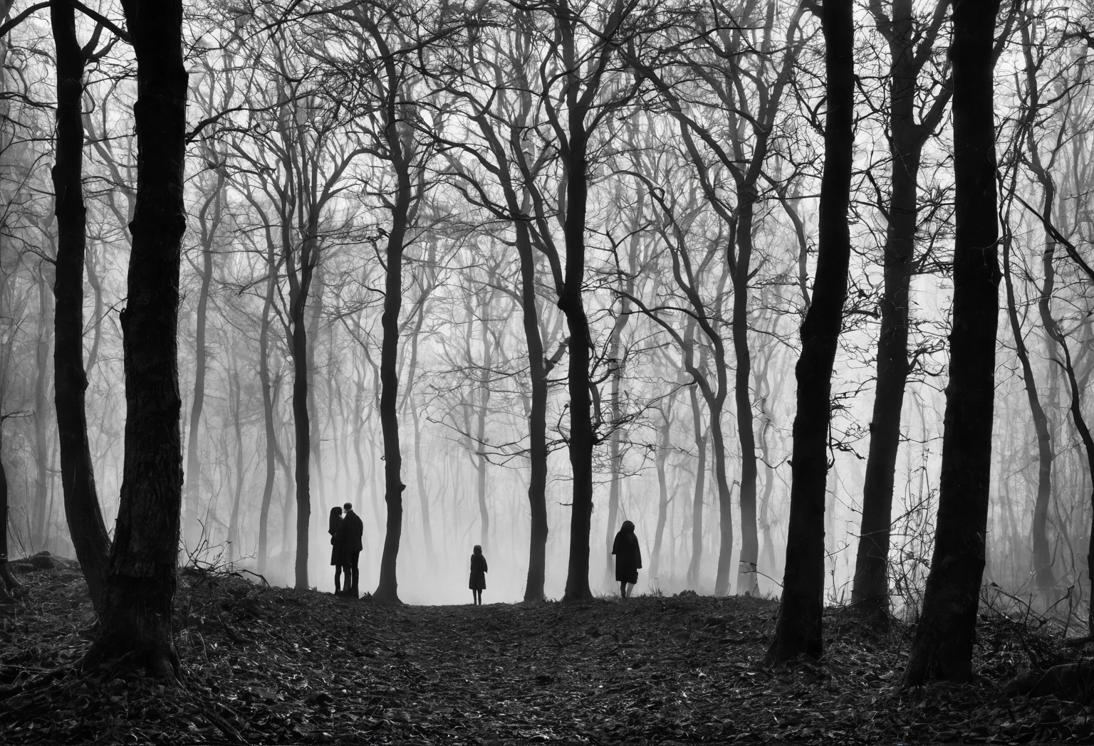Black and White Photography,forest,far away,Two people,Come over hand in hand,dream,early morning,mist,