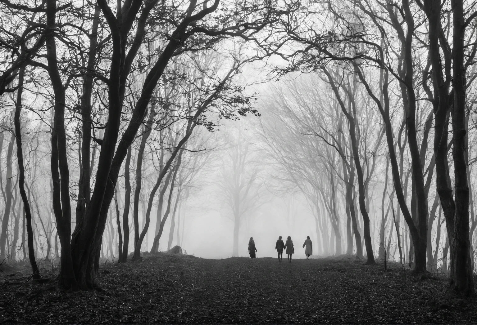 Black and White Photography，forest，far away，Two people，Come over hand in hand，dream，early morning，mist，