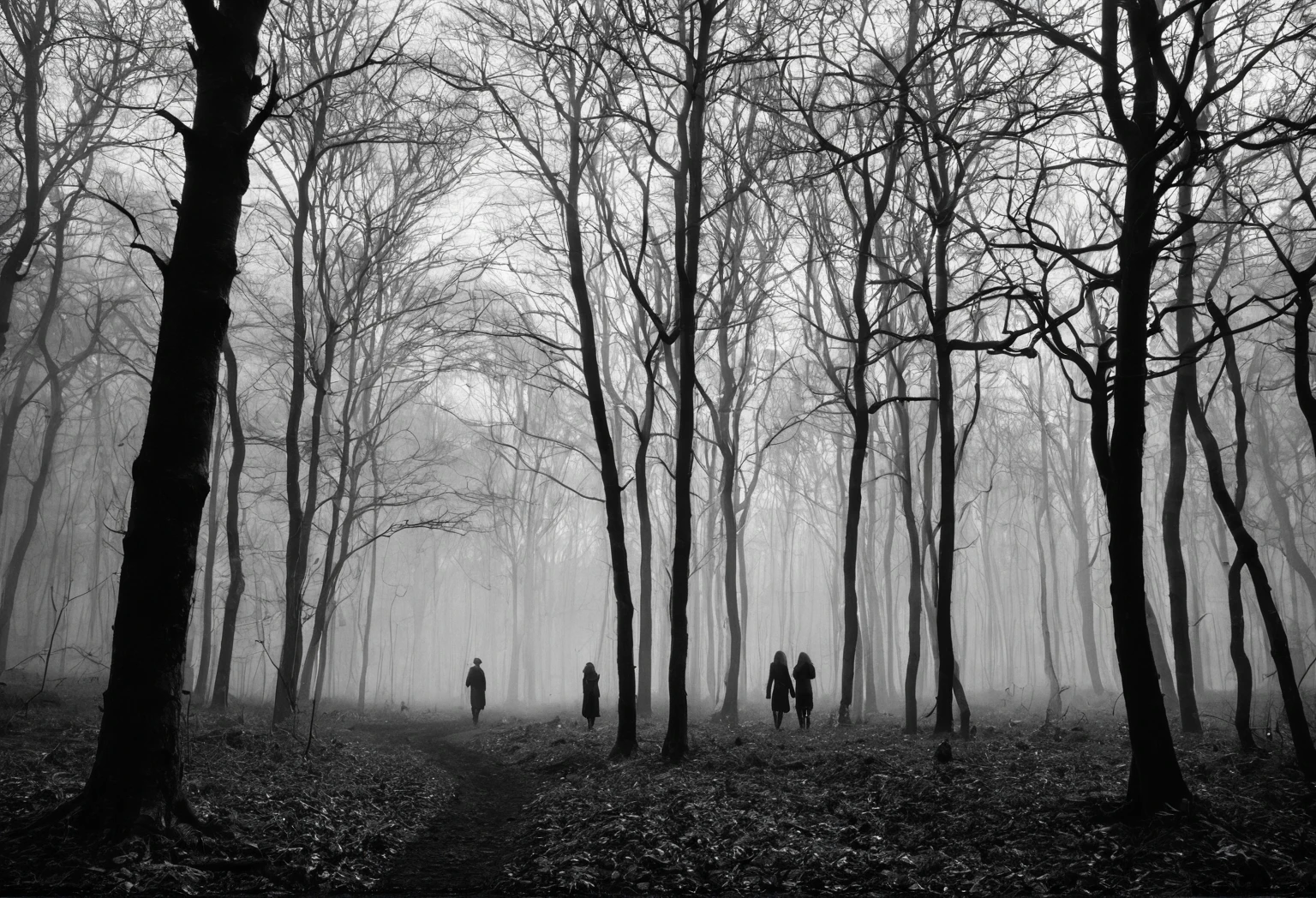 Black and White Photography，forest，far away，Two people，Come over hand in hand，dream，early morning，mist，