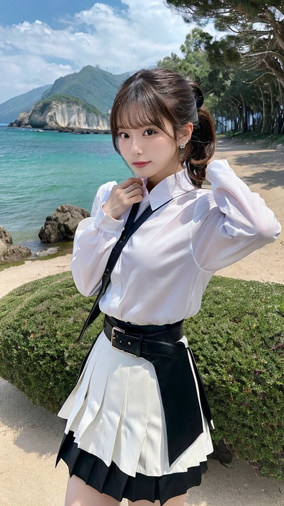 One girl, Single， (masterpiece:1.1), (Highest quality:1.1),  break [green:pink:0.5] theme, Cowboy Shot,Cinematic Light， Full Body，A positive perspective，pink long single ponytail，Graceful features，Perfect hands，greenい目, (Black Military Top:1.2)，White Belt，White epaulettes，(Black pleated skirt:1.2)，Black knee-length boots，sit，Gracefully，Beckon，Coastal Background
