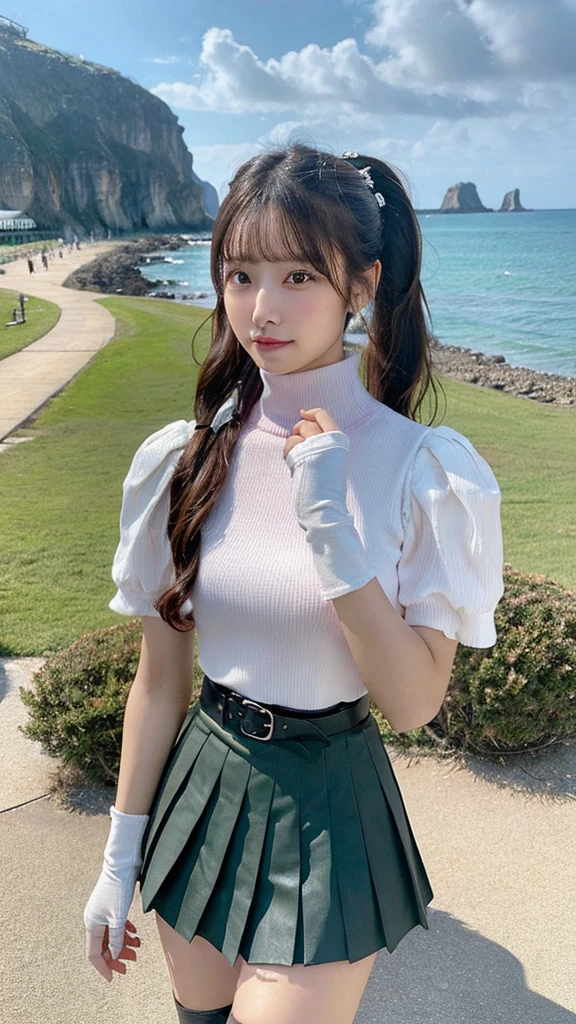 One girl, Single， (masterpiece:1.1), (Highest quality:1.1),  break [green:pink:0.5] theme, Cowboy Shot,Cinematic Light， Full Body，A positive perspective，pink long single ponytail，Graceful features，Perfect hands，greenい目, (Black Military Top:1.2)，White Belt，White epaulettes，(Black pleated skirt:1.2)，Black knee-length boots，sit，Gracefully，Beckon，Coastal Background