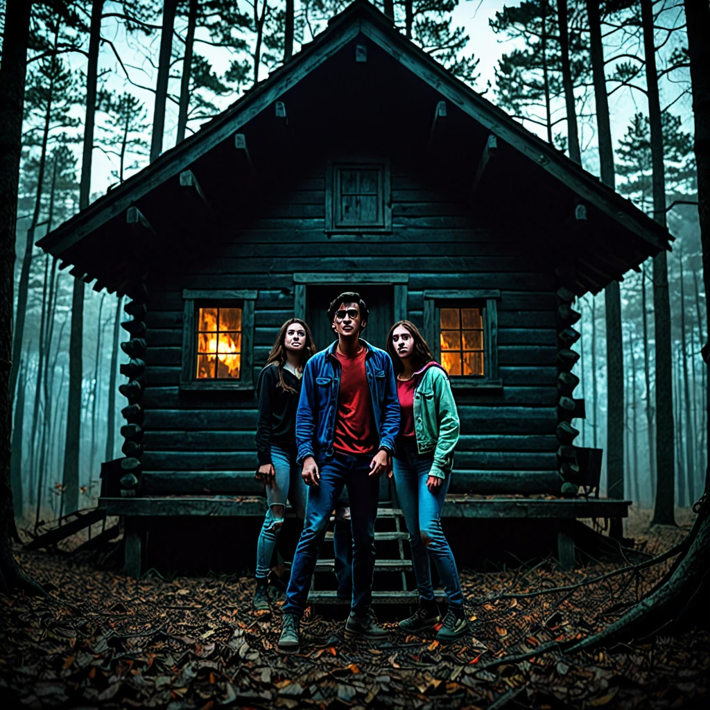 Young people in a dark cabin in the middle of a forest haunted by demons like The Evil Dead atmosphere.