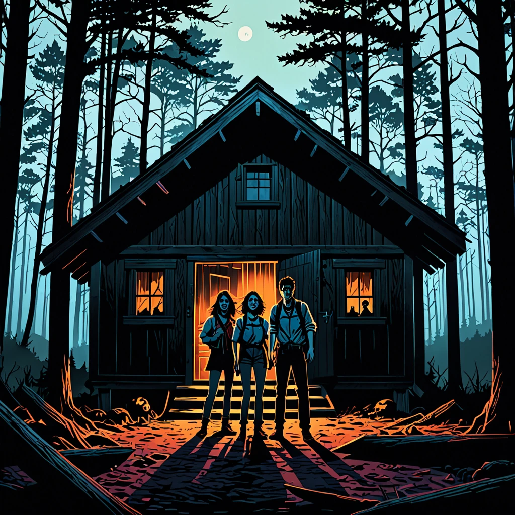 Young people in a dark cabin in the middle of a forest haunted by demons like The Evil Dead atmosphere.