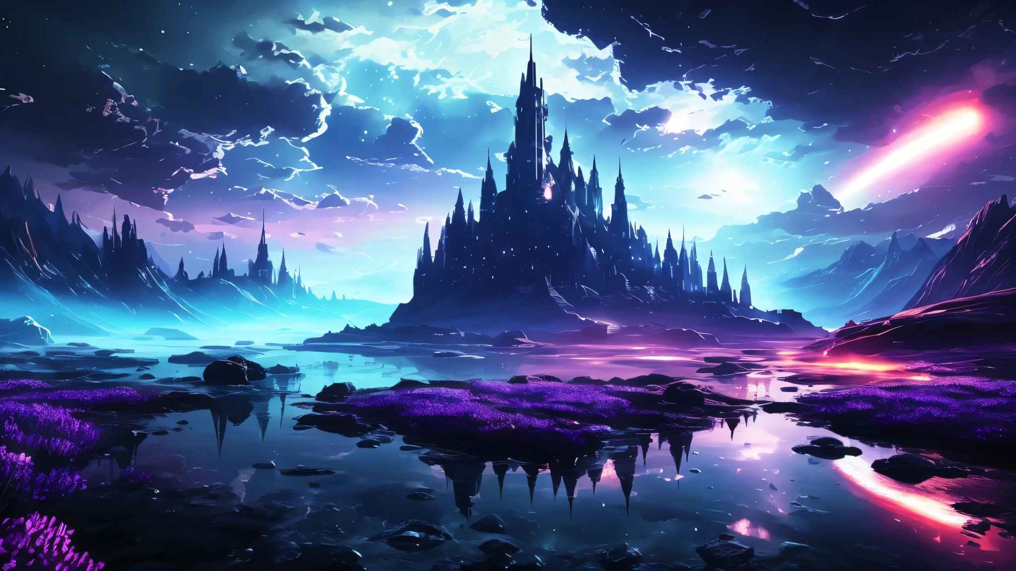 digital painting, Game Location, location from the game, dungeon from the game, локация space, Game Location, space location, location in blue and purple tones, Game Location, cute style, Large location, fog in the foreground with glow effects, colorful, No characters, no characters, location only, cute style, anime style, space, Space, planets in the background