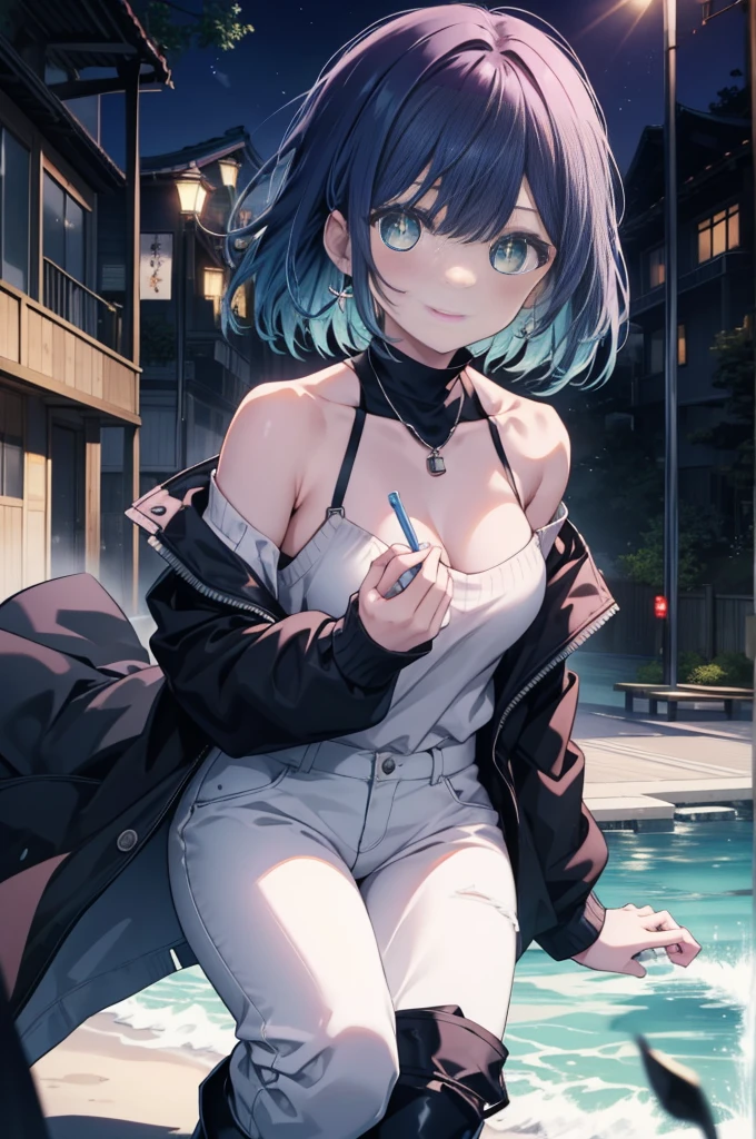 akanekurokawa, akane kurokawa, Aqua Eye, Blue Hair, Medium Hair, Side Lock,blush,smile,
Black long coat　Front open,White off-the-shoulder sweater,Bare shoulders,bare clavicle,Bare neck,skinny pants,short boots,Heart-shaped necklace,gardenのベンチに座ってコーヒーを飲んでいる,winter,Cold Sky,that&#39;it&#39;s snowing,
break looking at viewer,
break outdoors, garden,
break (masterpiece:1.2), Highest quality, High resolution, unity 8k wallpaper, (shape:0.8), (Fine and beautiful eyes:1.6), Highly detailed face, Perfect lighting, Highly detailed CG, (Perfect hands, Perfect Anatomy),