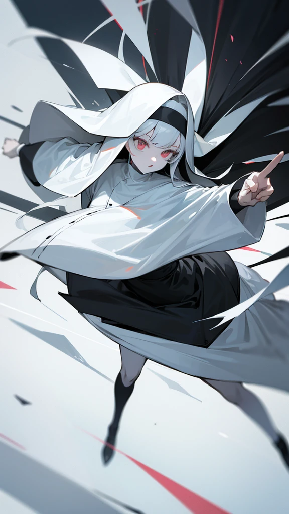 Character (hair bangs) (white long hair) (white pale skin) (nun-style clothing) (black clothing) (character in dynamic pose) (perspective angle taken)