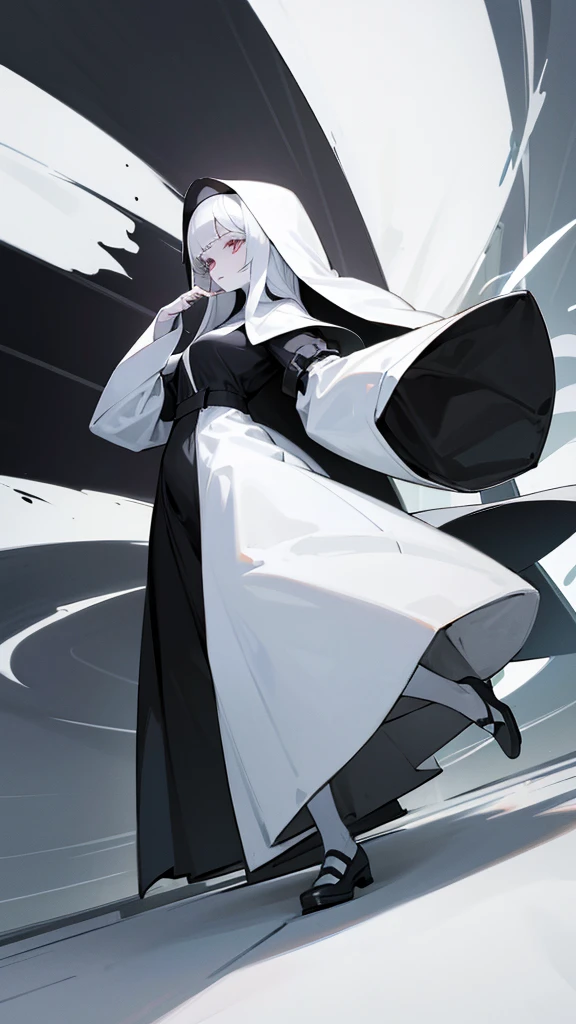 Character (hair bangs) (white long hair) (white pale skin) (nun-style clothing) (black clothing) (character in dynamic pose) (perspective angle taken)