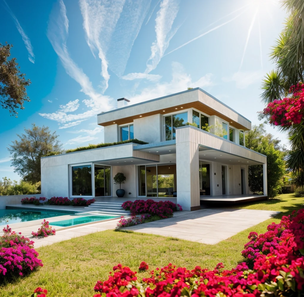 The house, The town house is made from white walls, beautyful light, beautyfulday, sunny, Many red bougainvilleas along the road:1.3, lovely youthful feeling :1.2, sunlight at 12 noon, Very beautiful shadows