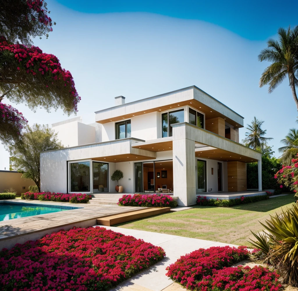 The house, The town house is made from white walls, beautyful light, beautyfulday, sunny, Many red bougainvilleas along the road:1.3, lovely youthful feeling :1.2, sunlight at 12 noon, Very beautiful shadows