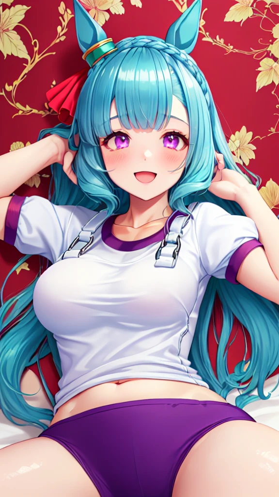 {{{NSFW}}},(masterpiece:1.2),(ultra quality:1.2),(ultra detailed:1.2),(ultra-high resolution:1.2),(very fine 8K CG wallpaper:1.2),Mejiro Ardan\(umamusume\),{1 girl,beautiful girl,cute,smile,kawaii, lovely,blushing,playful expression},sharp focus,oily skin,beautiful detailed hair,glossy hair,(wear gym uniform:1.5),(lying on the bed:1.2),wear buruma,perfect two legs,(spread two legs:1.2),,five fingers,(large breaths),beautiful detailed eyes,jewel like eyes,violet eyes, (two hands behind head:1.1),open mouth,armpits, solo,beautiful navel, looking at viewer,collarbone,earring