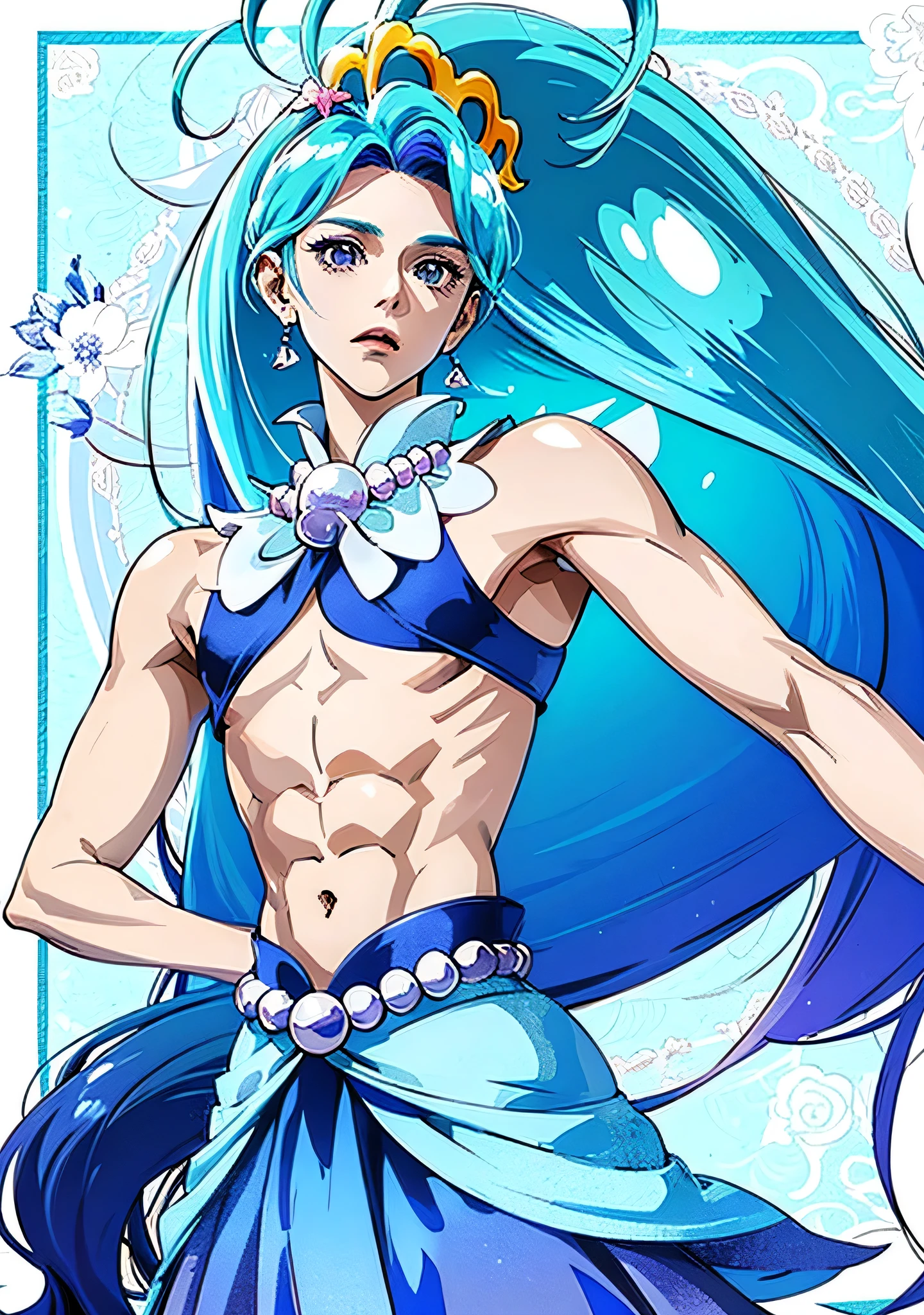 Cartoon image of a man wearing a shell crown and necklace、solo、Official artwork、Anime Prince、Water element、Aquamarine、sapphire、Blue Bikini、High quality artwork、Official Art、Wallpaper anime blue water、He has pale blue hair!!!、Long Hair、Braided bangs、Water Fairy、A man with two-tone light blue and purple hair、Blue aura、bikini top with an blue、Fan art、Anime Prince、Pale arm warmers、Blue flared skirt、Blue mini skirt、Muscular Abs、Official fan art、Muscular man、Headquarters artwork、Cure、Shiny!!、splash art anime boy、blue sea、Anime style”、Dress Up Darling Anime、(male body:1.3)、