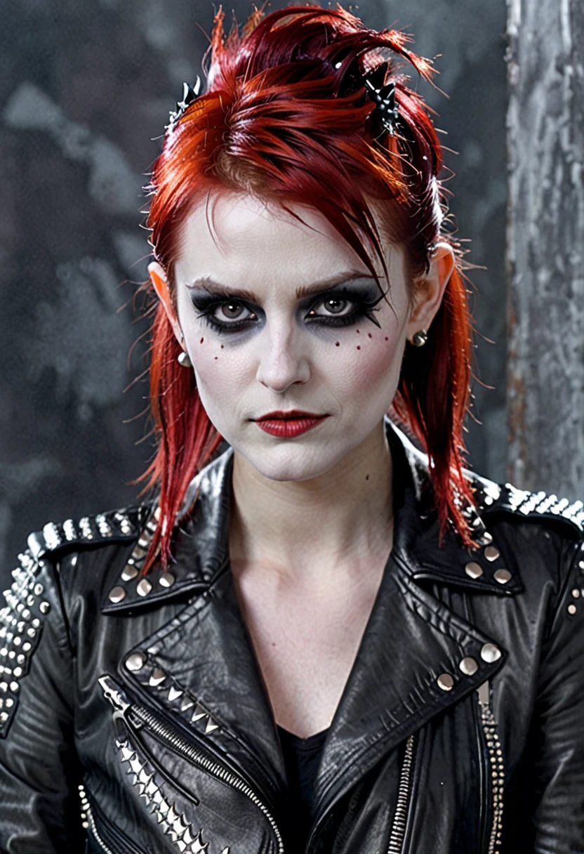 a female character, "Pixie Mullet" hairstyle, red colored hair. The background is greyish white. The character's face is confident, with pale skin and corpse paint. She wears a dark-colored leather jacket with studs.