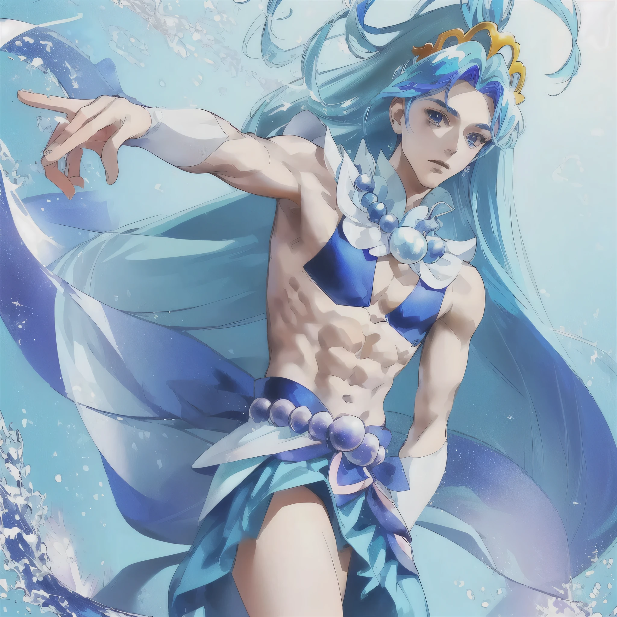 Cartoon image of a man wearing a shell crown and necklace、solo、Official artwork、Anime Prince、Water element、Aquamarine、sapphire、Blue Bikini、High quality artwork、Official Art、Wallpaper anime blue water、He has pale blue hair!!!、Long Hair、Braided bangs、Water Fairy、A man with two-tone light blue and purple hair、Blue aura、bikini top with an blue、Fan art、Anime Prince、Pale arm warmers、Blue flared skirt、Blue mini skirt、Muscular Abs、Official fan art、Muscular man、Headquarters artwork、Cure、Shiny!!、splash art anime boy、blue sea、Anime style”、Dress Up Darling Anime、(male body:1.3)、
