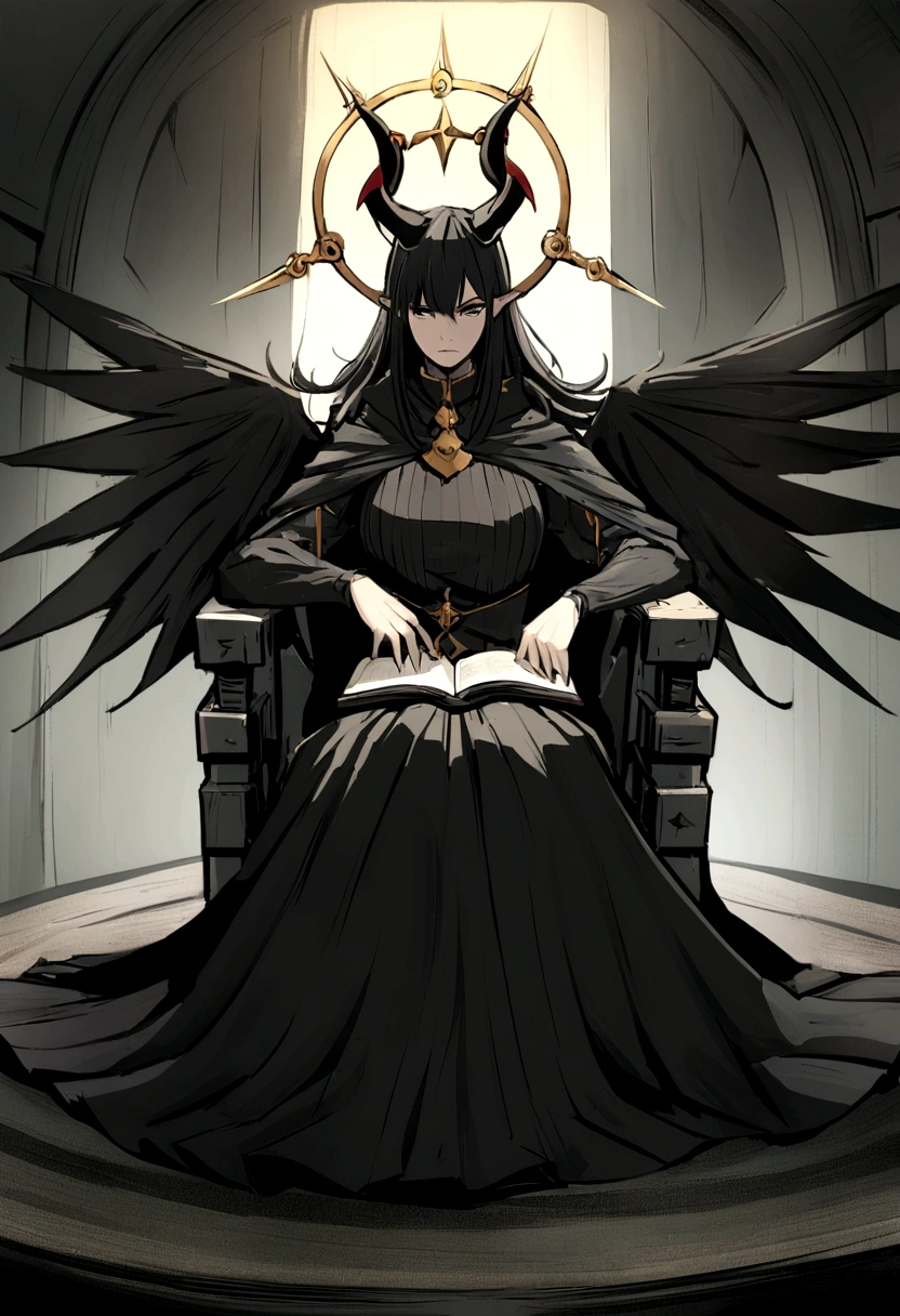 Obra de arte:1.2, melhor qualidade, ultra detalhado, macho, focado, celestial demon wizard, Jovem, serious, frio, horns on her head and a shining golden halo behind her symbolizing her celestial and demonic duality, two large black wings that combine bright plumes with a dark and threatening appearance, cabelo negro, estilo de kentaro miura, fantasia, SCI-FI, fundo claro, a painting of a man in a black robe sitting in a wheelchair, holding an open ancient magical book, Vista-o com vestes escuras e majestosas com detalhes dourados, cabelo negro, cabelos escuros, anjo demoniaco, plumas negras, inspired por Edmundo Blampied, inspired por Nicola Samori, inspirado em Pietro Longhi, por Nicola Samori, por Edmundo Blampied, Direction: Stephen Gammell, Estilo Stephen Gammell, figura sinistra ao fundo, Direction: Leonaert Bramer, Direction: Johann Kaspar Füssli .
