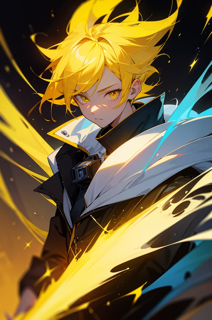 1boy, soft face, confident, teenager, simple clothes, wearing a black jacket, ice, blizzard, (yellow eyes), ((yellow hair)), short messy unkept hair, highest quality digital art, Stunning art, wallpaper 4k, highly detailed, BREAK, epic, space star cosmos unreal engine 5 scenario, (anime style), anime style, chiaroscuro, depth of field, sparkle, god rays, anatomically correct, super detail
