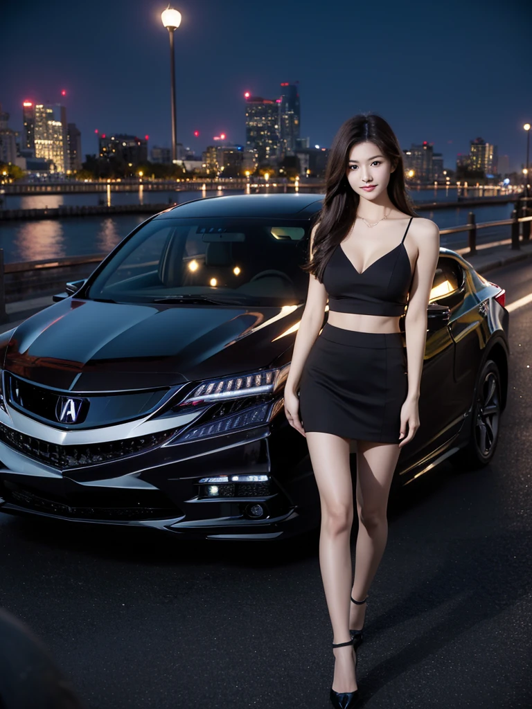 ((midnight, Acura, 8K, masterpiece: 1.3)), whole body, Long legs, focal length: 1.2, Perfect body beauty: 1.4, Slim abdominal muscles: 1.1, ((Dark brown hair, Large Breasts: 1.2 )), (Tight bonding, Short skirt, permanent: 1.2), ((City night scene, roof: 1.3)), Highly detailed face and skin textures, Beautiful eyes, Double eyelids, Hips