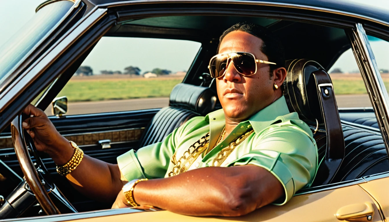 1970s photo of "Master P" wearing 1970s attire, he is driving a classic car, atmospheric perspective,