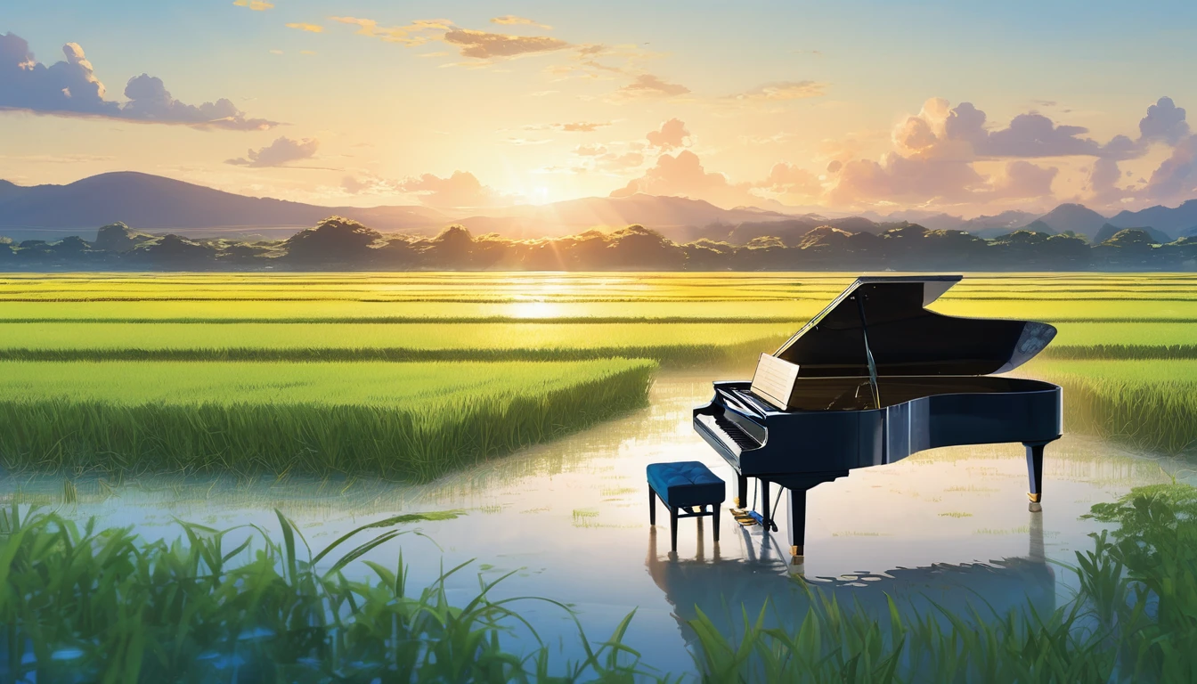 A grand piano placed on a bank in front of a Japanese rice field、The sky is a piercing blue.、Makoto Shinkai style touch、A grand piano placed on the bank in front of the rice fields、The piano is not submerged in water.